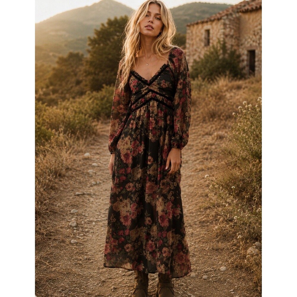 Promesa‎ NWT Wildflower Glen Floral Velvet Trimmed Maxi Dress Size M Boho Fairy